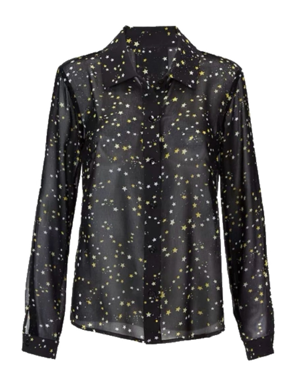 Cabi Galaxy Blouse - Sheer Black Star Print Button-Up Blouse